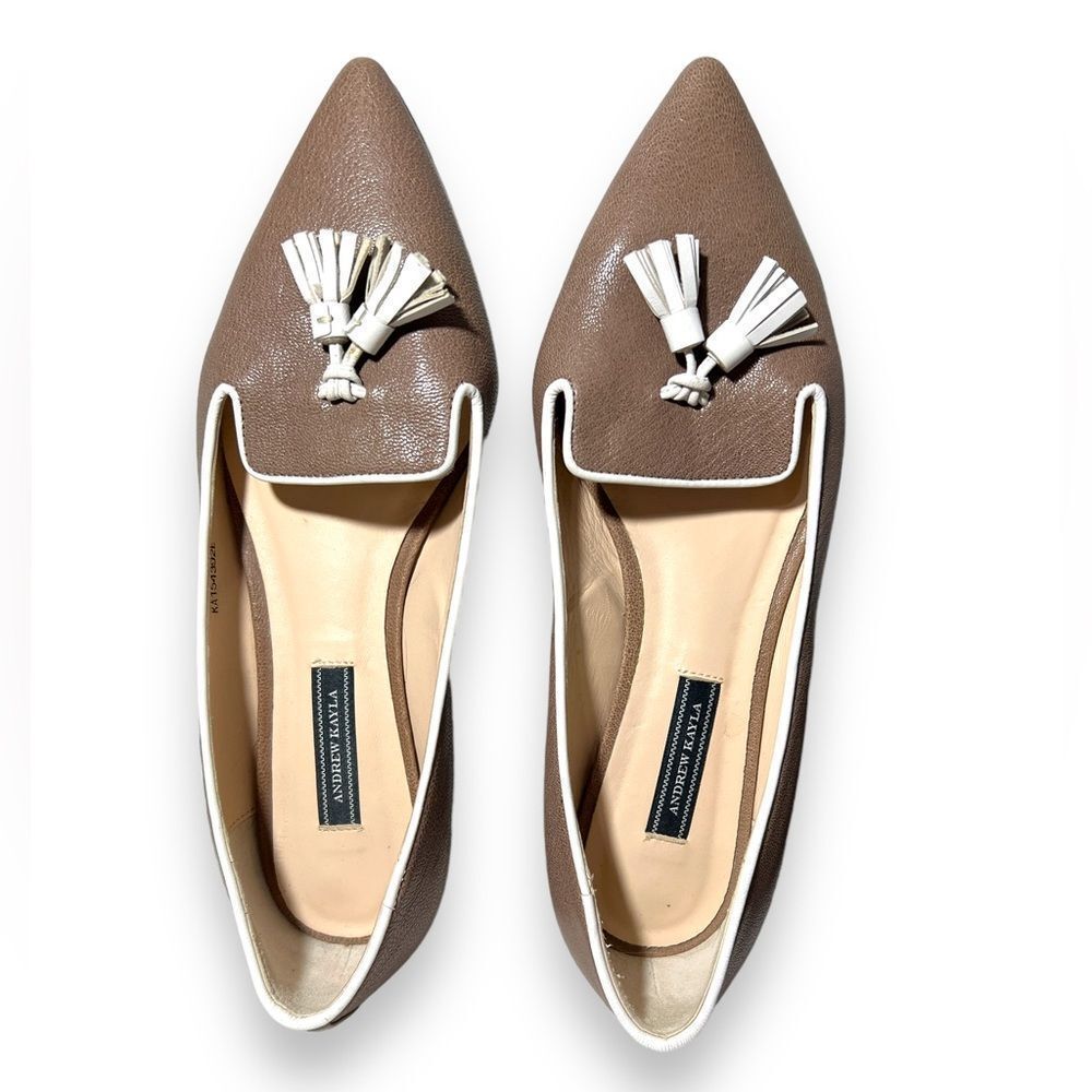 Andrew Kayla | Taupe Tassel Pointed Leather Flats Size 36
